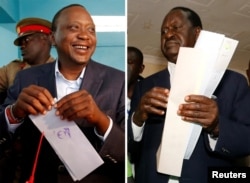 FILE - A combination picture shows Kenyan opposition leader Raila Odinga, the presidential candidate of the National Super Alliance (NASA) coalition, and Kenya's President Uhuru Kenyatta casting their vote during the presidential election, Kenya, Aug. 8, 2017.