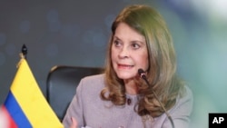 Foto Achiv: Vis Prezidant ak Minis Afe Etranje Kolonbi Marta Lucia Ramirez pandan yon konferans nan Bogota, Kolonbi. 