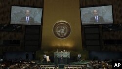 Presiden Burma Thein Sein berpidato di depan Sidang Umum PBB di Markas Besar PBB, New York (27/9).