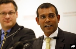 FILE - Former Maldives president Mohamed Nasheed speaks during a press conference in London, Jan. 25, 2016.