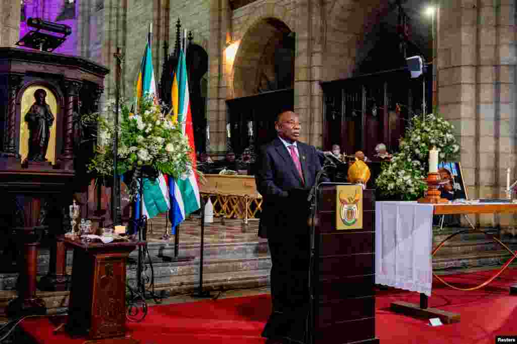 South African President Cyril Ramaphosa speaks during the state funeral of late Archbishop Desmond Tutu at St George&#39;s Cathedral in Cape Town, South Africa, Jan. 1, 2022.