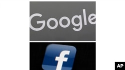 FILE - This file photo combo of images shows a Google sign and the Facebook app. In a scathing indictment of the two most powerful corporate giants of the internet, Amnesty International insists in a new report published Thursday, Nov. 21, 2019,…