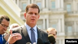 FILE - Boston Mayor Marty Walsh speaks outside the White House in Washington, May 24, 2016.
