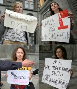 Aksi protes jurnalis di Moskow, Rusia, 21 Agustus 2021. (Natalia KOLESNIKOVA / AFP)