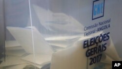 FILE - A ballot box is shown at a polling station in Luanda, Angola, Aug. 23, 2017.