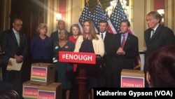 Tina Meins, who lost her father in the December 2015 San Bernardino mass shooting, thanked Senate Democrats for a filibuster to bring gun control legislation to the Senate floor, in Washington, June 16, 2016. 