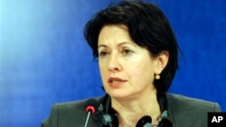 Chair of the European Parliament Subcommittee for Human Rights, Barbara Lochbihler, talks to the media, February 2010.