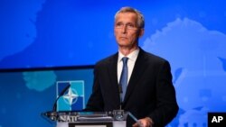 옌스 스톨텐베르그 나토 사무총장이 20일 벨기에 브뤼셀에서 기자회견을 했다.