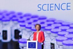 FILE - European Commission President Ursula von der Leyen addresses a press conference after a visit at Pfizer vaccine plant in Puurs, Belgium, Apr. 23, 2021.