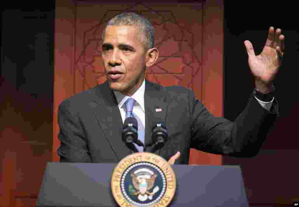 President Barack Obama speaks to members of the Muslim-American community at the Islamic Society of Baltimore, Feb. 3, 2016, in Baltimore, Md. 