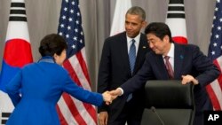 제4차 핵안보정사회의 첫날인 31일 열린 미한일 정상이 3자회담을 가진 후 악수하고 있다. 왼쪽부터 박근혜 한국 대통령, 바락 오바마 미국 대통령, 아베 신조 일본 총리. 