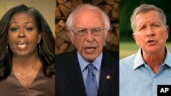 Mišel Obama, Berni Sanders i Džon Kejsik govore tokom prve večeri Nacionalne konvencije Demokratske stranke (Foto: AP/DNC) 