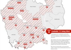 A map shows the 32 FM frequencies affected by the closure of relay stations that broadcast VOA, RFA, and VOD. (Courtesy: LICADHO)