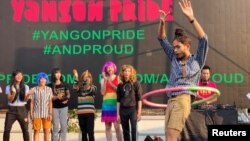 A performer hula hoops at a contest of the Drag Olympics at Yangon Pride festival in Yangon, Myanmar, January 27, 2019. 
