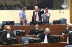 Bosnian Serb military chief Ratko Mladic during an angry outburst in the Yugoslav War Crimes Tribunal in The Hague, Netherlands, Nov. 22, 2017.