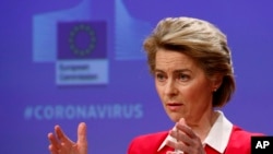 Presiden Komisi Uni Eropa Ursula von der Leyen di markas besar Uni Eropa, Brussels, 2 April 2020. (Foto: dok).