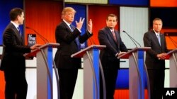 'Yan takaran jam'iyyar Rpublican. Daga hagu Rubio, da Trump, da Cruz da Kasich