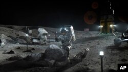 This illustration made available by NASA in April 2020 depicts Artemis astronauts on the Moon. On April 30, 2020, NASA announced the three companies that will develop, build and fly lunar landers, with the goal of returning astronauts to the moon by 2024. (NASA via AP)