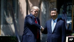 President Donald Trump and Chinese President Xi Jinping shake hands at Mar-a-Lago, Friday, April 7, 2017, in Palm Beach, Fla. (AP Photo/Alex Brandon)