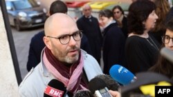 French victim of sexual abuse, Francois Devaux, also president of the French association of victims of priests abuse "La Parole Liberee" (Freed Speech), addresses the media outside the entrance of the Paul-VI residence at the Vatican, Feb. 20, 2019.