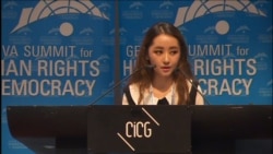 탈북 대학생 박연미 씨가 지난 2015년 2월 스위스 제네바에서 열린 국제 인권회의에서 연설하고 있다.