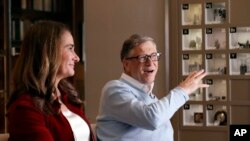FILE - Bill and Melinda Gates are interviewed in Kirkland, Washington, Feb. 1, 2019. The philantropist couple has teamed up with the U.S. government to more forcefully tackle HIV and sickle cell disease.