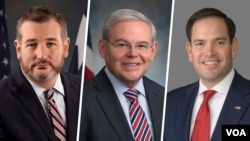 از راست: مارکو روبیو، باب منندز، و تد کروز از جمله سناتورهایی بودند که در این مراسم سخنرانی کردند