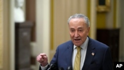 资料照片：纽约参议院多数党领袖查克·舒默 (Chuck Schumer) 于2023年12月12日星期二在华盛顿国会山与乌克兰总统弗拉基米尔·泽连斯基 (Volodymyr Zelenskyy) 和其他参议员会面后接受记者采访。（美联社照片)