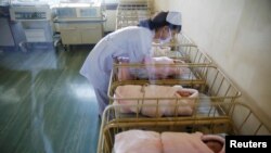 북한 평양의 '평양산원'에서 간호사가 신생아들을 돌보고 있다.