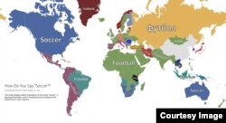 This map provided by Facebook, shows how people say "soccer" all over the world.
