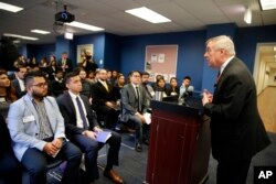 Sen. Dick Durbin, an Illinois Democrat, speaks to students of Year Up Chicago, a yearlong job-training program for low-income young adults, Jan. 12, 2018, in Chicago.