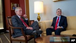 Judge Merrick Garland, right, President Barack Obama's choice to replace the late Justice Antonin Scalia on the Supreme Court, meets with Sen. Angus King, an independent from Maine, on Capitol Hill in Washington, April 13, 2016. 