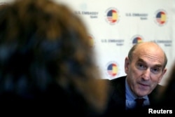 U.S. Venezuela envoy Elliott Abrams speaks during a news conference at U.S. Embassy in Madrid, Spain, April 11, 2019.