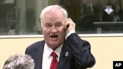 Former Bosnian Serb military commander Ratko Mladic is seen during an angry outburst at the Yugoslav War Crimes Tribunal in The Hague, Netherlands, Nov. 22, 2017. 