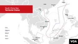 South China Sea territorial claims map. China uses a U-shaped nine-dash line that leaves spaces between those lines open to interpretation.