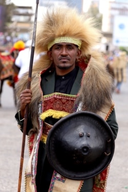 FILE: Ethiopian musician Hachalu Hundessa poses while dressed in a traditional costume during the 123rd anniversary celebration of the battle of Adwa, where Ethiopian forces defeated invading Italian forces, in Addis Ababa, March 2, 2019.