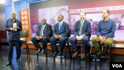 កម្មវិធី «Straight Talk Africa» របស់​ VOA ផ្សាយ​ទៅ​ទ្វីប​អាហ្វ្រិក​ សម្រប​សម្រួល​ដោយ​ពិធីករ Shaka Ssali (ឆ្វេង) កាល​ពី​ថ្ងៃ​ទី​១៩ ខែ​វិច្ឆិកា ឆ្នាំ​២០១៤ ពីភាក្សា​អំពី​​ការ​យល់​ដឹង​ចុង​ក្រោយ​ទាក់ទង​នឹង​ជំងឺ​អេបូឡា។