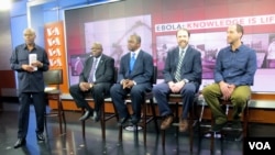 "Straight Talk Africa" host Shaka Ssali, left, leads an Ebola discussion with Ambassador H.E. Bockari Stevens of Sierra Leone, Dr. Malonga Miatudila and Ebola survivors Rick Sacra and Ashoka Mukpo, a physician and journalist, respectively, Nov. 19, 2014.