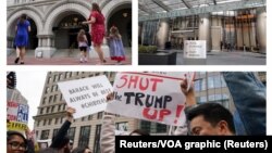 Hotel u Vašingtonu (D) i Čikagu (L) američkog predsednika Donalda Trampa; protest pred zgradom hotela u Čikagu (Foto: Reutes/VOA graphic)