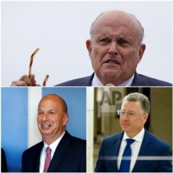 FILE - President Donald Trump's personal lawyer Rudy Giuliani, top, U.S. Ambassador to the EU Gordon Sondland, bottom left, and former U.S. special envoy on Ukraine Kurt Volker are seen in a combination photo.