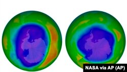 This combination of images made available by NASA shows areas of low ozone above Antarctica on September 2000, left, and September 2018. The purple and blue colors are where there is the least ozone