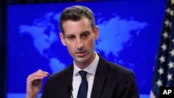 FILE - State Department spokesperson Ned Price speaks during a press briefing at the State Department in Washington, Feb. 2, 2021. (Nicholas Kamm/Pool via AP)