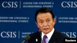 Japanese Finance Minister Taro Aso speaks at the Center for Strategic and International Studies in Washington, Apr. 19, 2013.