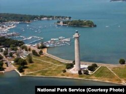 A bird's eye view of the Perry's Victory and International Peace Memorial.
