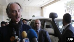 United Nations Special Envoy for Syria Geir Pedersen speaks to the press upon his arrival in the capital Damascus, March 17, 2019. 