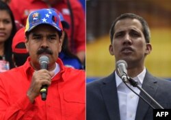 FILE - This combination of photos shows Venezuelan President Nicolas Maduro (L) delivering a speech in Caracas, Feb. 2, 2019, and opposition leader Juan Guaido addressing a gathering of supporters in Caracas, Feb. 2, 2019.