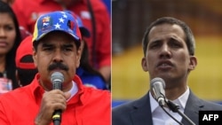 FILE - This combination of photos shows Venezuelan President Nicolas Maduro (L) delivering a speech in Caracas, Feb. 2, 2019, and opposition leader Juan Guaido addressing a gathering of supporters in Caracas, Feb. 2, 2019.
