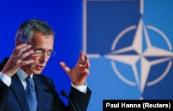 BELGIUM -- NATO Secretary-General Jens Stoltenberg holds a news conference after participating in the NATO Summit in Brussels, July 12, 2018
