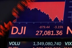 A screen above the floor of the New York Stock Exchange shows the closing number for the Dow Jones Industrial Average, Feb. 25, 2020.