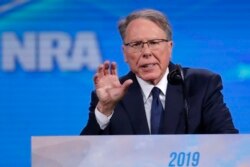 FILE - Nation Rifle Association Executive Vice President Wayne LaPierre speaks at the National Rifle Association Institute for Legislative Action Leadership Forum in Lucas Oil Stadium in Indianapolis, April 26, 2019.